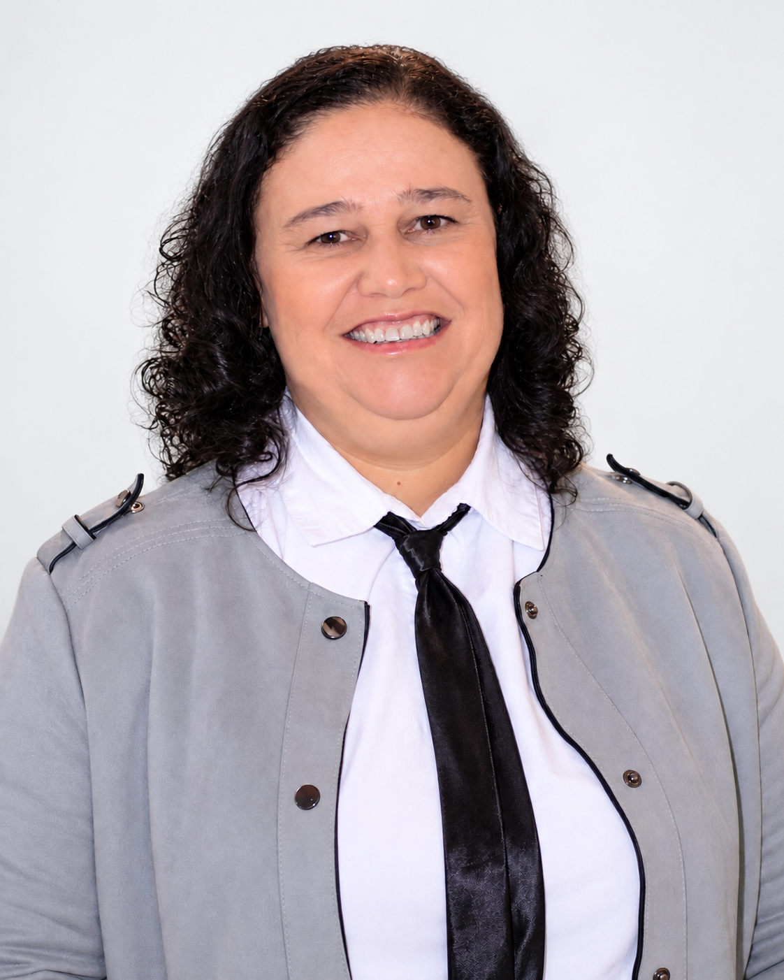 Retrato de Juliana Aparecida Revoredo, psicóloga, sorrindo sobre um fundo claro
